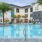 a pool in front of a building