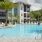 a pool in front of a building